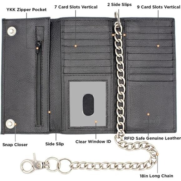 Long Trifold Chain Wallet for Men, Leather Checkbook Cover, RFID Blocking chain - Picture 2 of 8